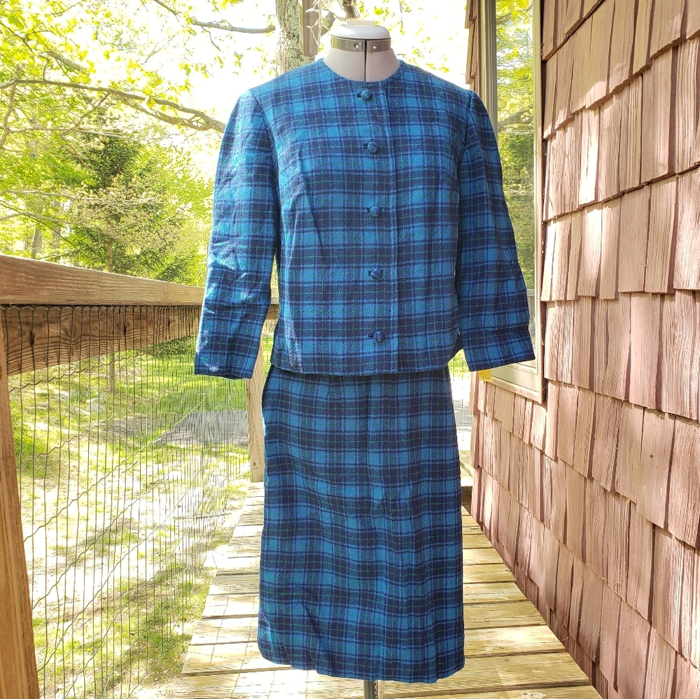Vintage 1960s Blue Plaid Wool Skirt Set